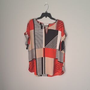 Calvin Klein Geometric Block Print Short Sleeve Blouse in Red, Beige & Black